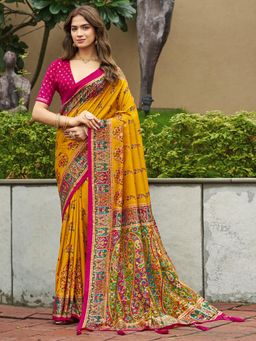 Akhilam - Mustard Printed Saree with Unstitched Blouse