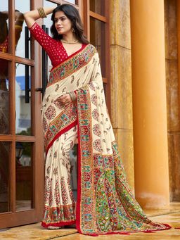 Akhilam - Off White Printed Saree with Unstitched Blouse