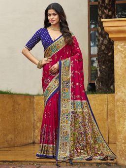 Akhilam - Pink Printed Saree with Unstitched Blouse