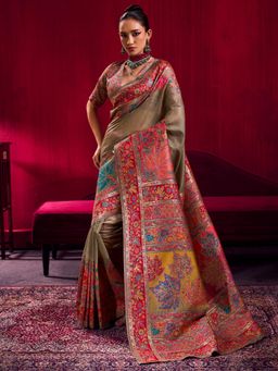Akhilam - Beige Printed Saree with Unstitched Blouse