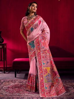 Akhilam - Pink Printed Saree with Unstitched Blouse