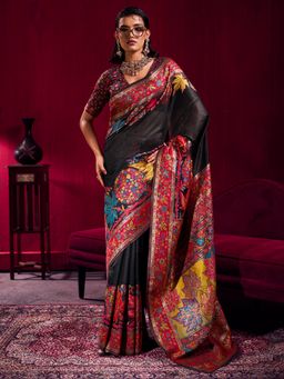 Akhilam - Black Printed Saree with Unstitched Blouse