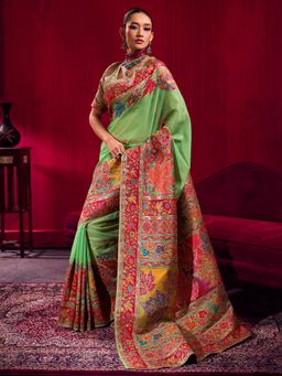 Akhilam - Green Printed Saree with Unstitched Blouse