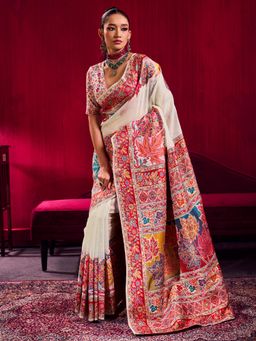 Akhilam - Off White Printed Saree with Unstitched Blouse