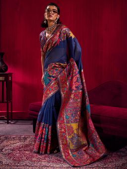 Akhilam - Navy Blue Printed Saree with Unstitched Blouse