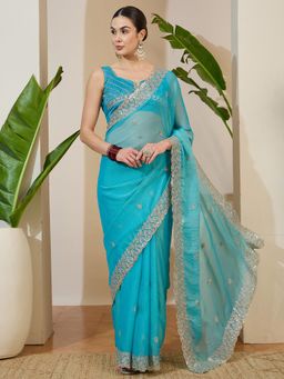 Akhilam - Blue Embellished Saree with Unstitched Blouse