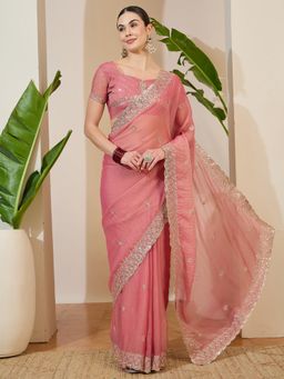 Akhilam - Peach Embellished Saree with Unstitched Blouse