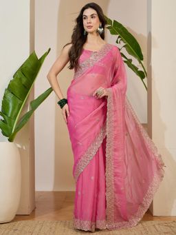 Akhilam - Pink Embellished Saree with Unstitched Blouse