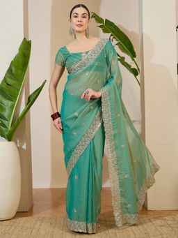 Akhilam - Teal Embellished Saree with Unstitched Blouse