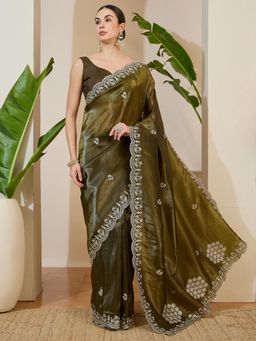 Akhilam - Olive Lace Work Embroidered Saree with Unstitched Blouse