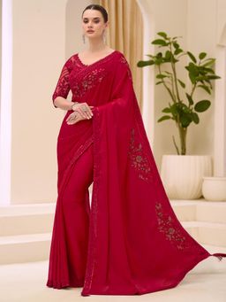 Akhilam - Red Embellished Saree with Unstitched Blouse