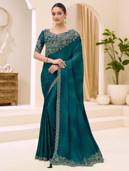 Akhilam - Teal Embellished Saree with Unstitched Blouse