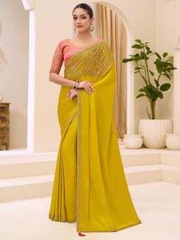 Akhilam - Yellow Embellished Saree with Unstitched Blouse