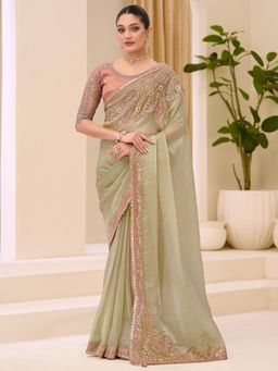 Akhilam - Green Embellished Saree with Unstitched Blouse
