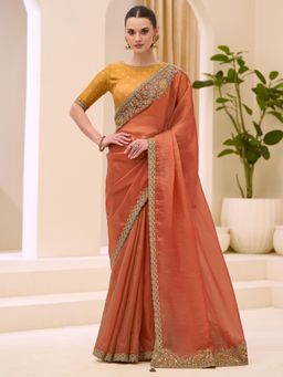 Akhilam - Rust Embellished Saree with Unstitched Blouse