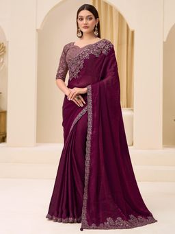Akhilam - Wine Embellished Saree with Unstitched Blouse
