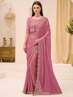 Akhilam - Pink Embellished Saree with Unstitched Blouse