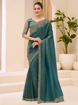 Akhilam - Teal Embellished Saree with Unstitched Blouse