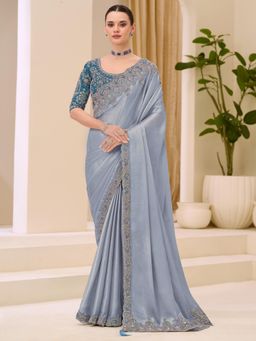 Akhilam - Blue Embellished Saree with Unstitched Blouse