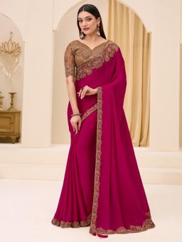 Akhilam - Pink Embellished Saree with Unstitched Blouse