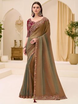 Akhilam - Green Embellished Saree with Unstitched Blouse