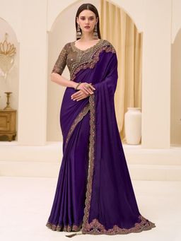 Akhilam - Purple Embellished Saree with Unstitched Blouse