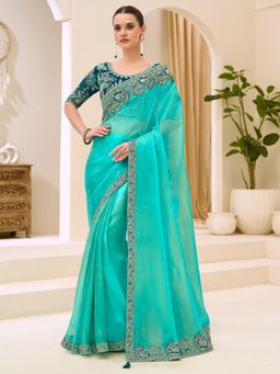 Akhilam - Turquoise Embellished Saree with Unstitched Blouse