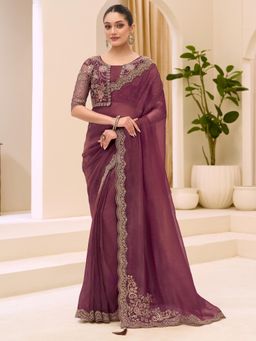 Akhilam - Burgundy Embellished Saree with Unstitched Blouse