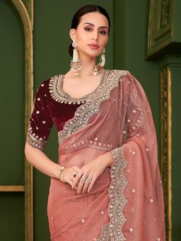 Akhilam - Rose Gold Embellished Saree with Unstitched Blouse