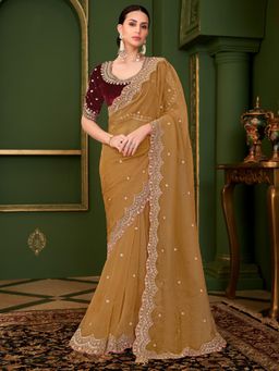 Akhilam - Brown Embellished Saree with Unstitched Blouse