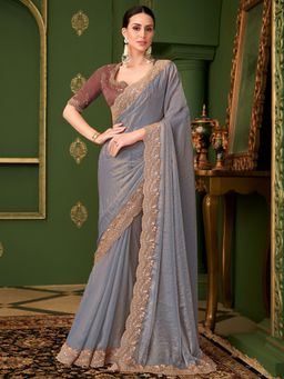 Akhilam - Grey Embellished Saree with Unstitched Blouse