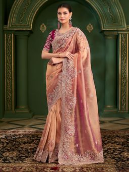 Akhilam - Rose Gold Embellished Saree with Unstitched Blouse
