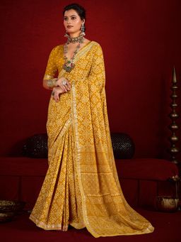 Akhilam - Mustard Printed Saree with Unstitched Blouse