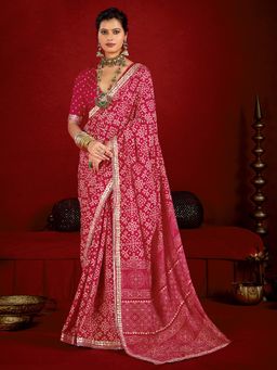 Akhilam - Red Printed Saree with Unstitched Blouse