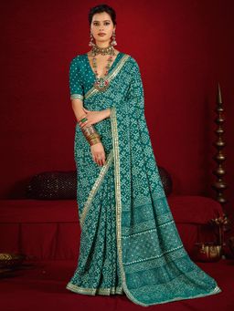 Akhilam - Teal Printed Saree with Unstitched Blouse