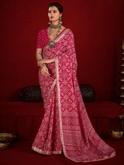 Akhilam - Pink Printed Saree with Unstitched Blouse