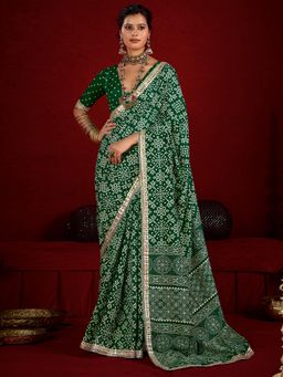Akhilam - Green Printed Saree with Unstitched Blouse