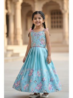 Lagorii - Girls Aqua Satin Embroidered Choli with Lehenga
