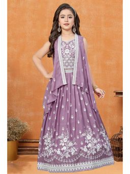 Lagorii - Girls Mauve Chiffon Embroidered Choli with Lehenga and Jacket