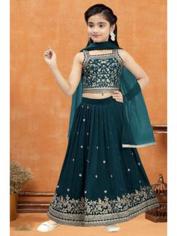 Lagorii - Girls Teal Chiffon Embroidered Choli with Lehenga and Dupatta
