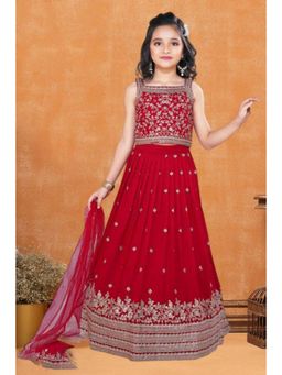 Lagorii - Girls Red Chiffon Embroidered Choli with Lehenga and Dupatta