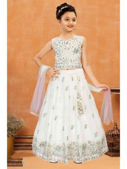 Lagorii - Girls Cream Chiffon Embroidered Choli with Lehenga and Dupatta