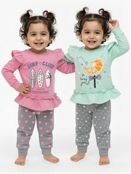 Kuchipoo - Girls Multi-Color Pure Cotton Graphic T-Shirt and Joggers (Pack of 2)