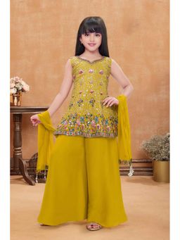 Lagorii - Girls Mustard Chiffon Embroidered Kurti with Palazzo and Dupatta