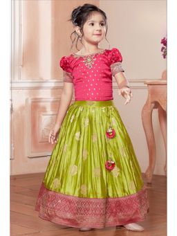 Lagorii - Girls Green Silk Blend Embroidered Choli with Lehenga
