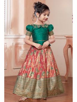 Lagorii - Girls Peach Banarasi Silk Embroidered Choli with Lehenga