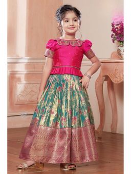 Lagorii - Girls Green Banarasi Silk Embroidered Choli with Lehenga