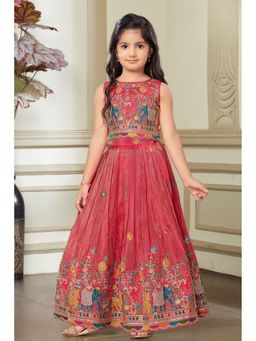 Lagorii - Girls Pink Silk Blend Embroidered Choli with Lehenga
