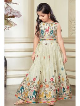 Lagorii - Girls Off White Silk Blend Embroidered Choli with Lehenga