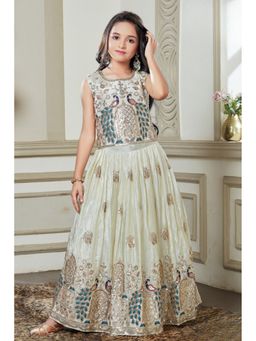Lagorii - Girls off White Silk Blend Embroidered Choli with Lehenga